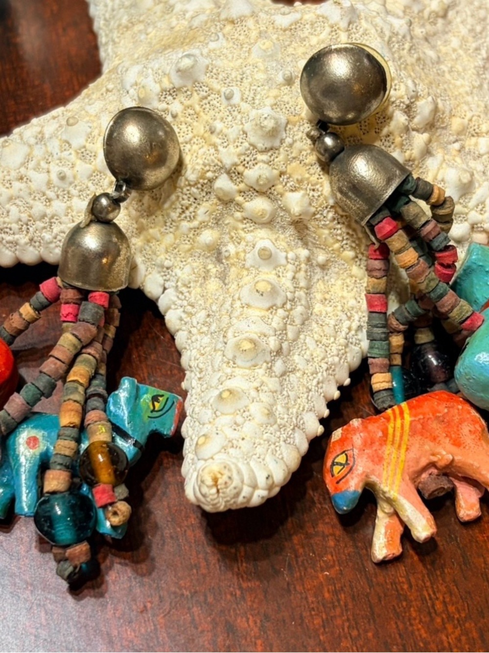 Artisan Multicolor Elephant Tassel Earrings with Antique Silver Tops